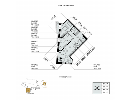 Планировка 3-комн. · 89.3 м²