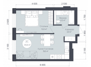 2-комн. · 40.6 м²