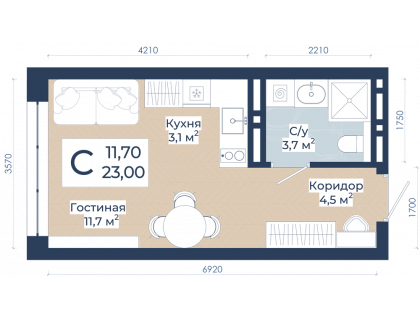 Планировка Студия · 23 м²