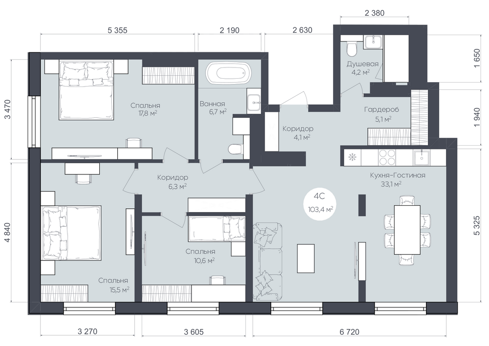 Планировка: 4-комн. квартира, 103.4 м²