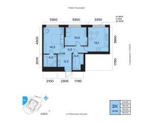 Планировка 2-комнатные 57,3 м²