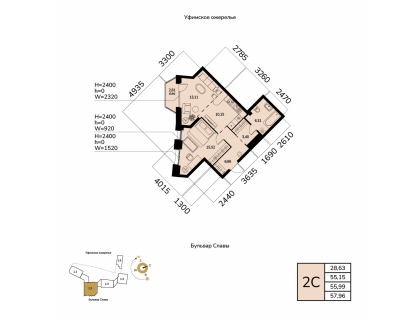 Планировка 2-комн. · 56 м²