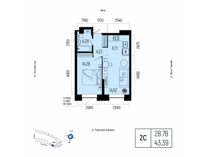 Планировка 2-комн. · 43.4 м²