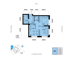 Планировка 2-комнатные 50 м²