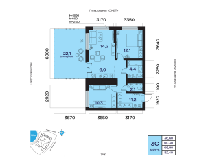 Планировка 3-комнатные 66,9 м²