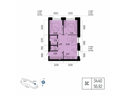 Планировка 3-комн. · 56.8 м²