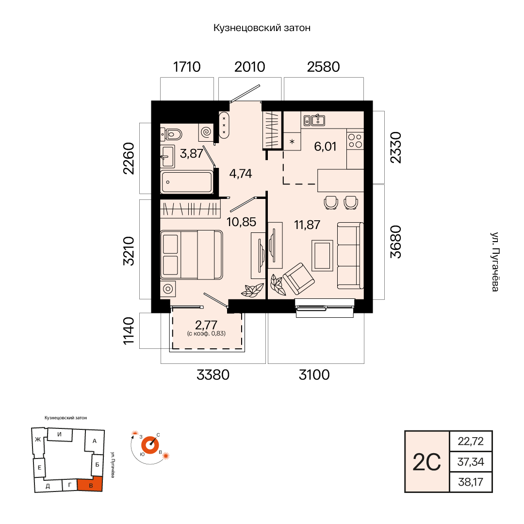 Планировка 2-комнатная квартира 38,2 м² в ЖК «Первый Остров», 3 этаж — 8 572 300 ₽