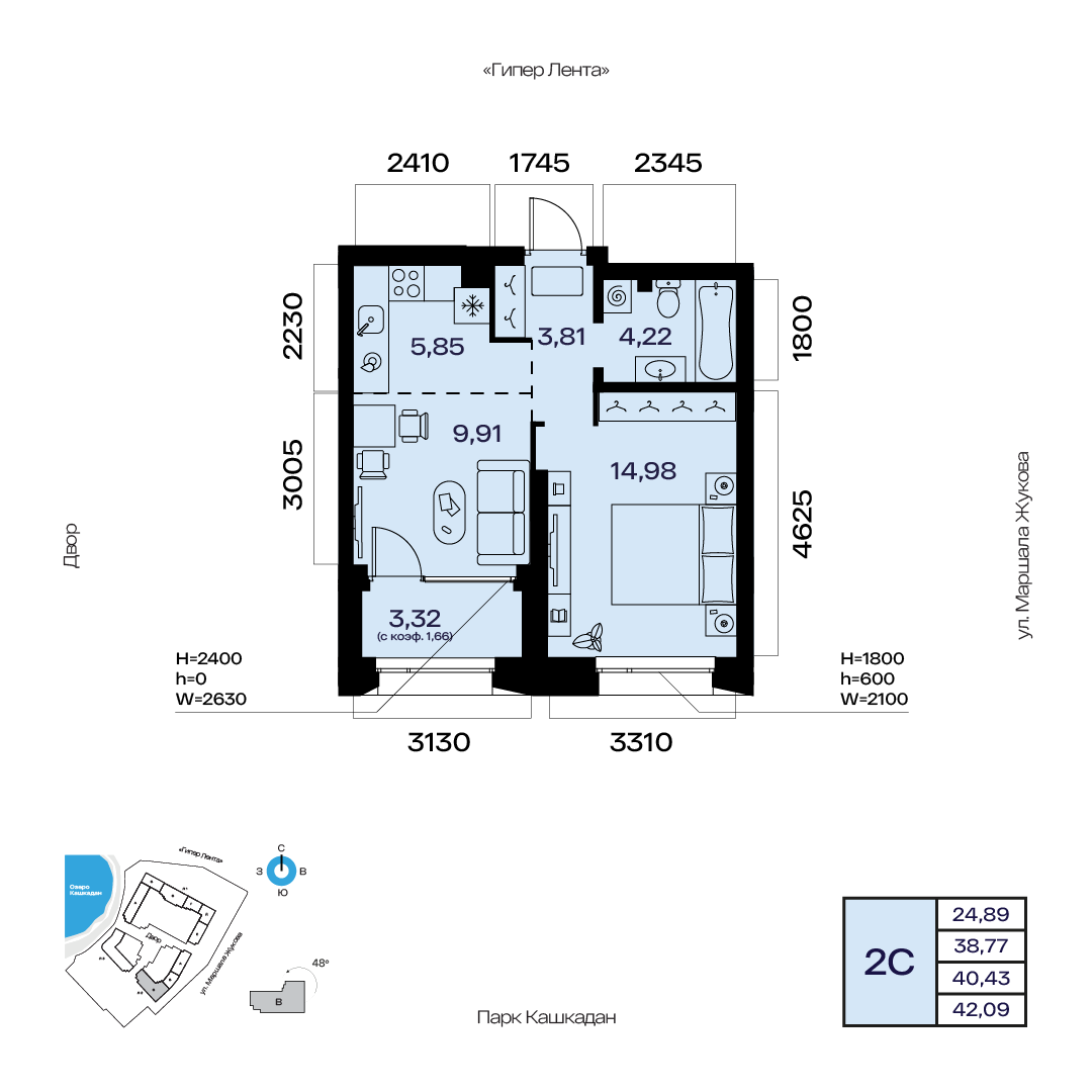 Планировка 2-комнатная квартира 40,4 м² в ЖК «Атлантис», 3 этаж — 9 349 800 ₽