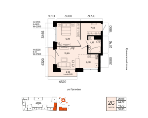 Планировка 2-комнатные 46,1 м²
