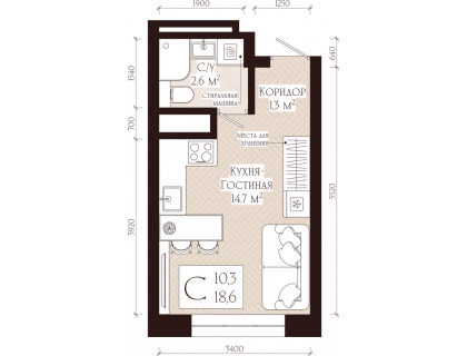 Планировка 1-комн. · 18.6 м²