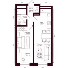 Планировка: 2-комн. квартира, 43.4 м²